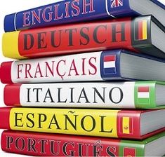 five books stacked on top of each other in different colors and sizes, with the title english deutsch francais italian espanolo