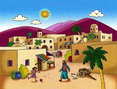 an image of a village with people and animals in the desert, surrounded by palm trees