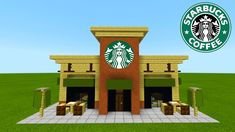 a starbucks coffee shop in the middle of a green field with a blue sky behind it