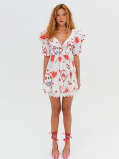 Daisy Mae Mini Dress — White | For Love & Lemons Retro Puff Sleeve Mini Dress For Summer, Retro V-neck Mini Dress For Brunch, Casual V-neck Dress With Heart Print, Red Heart Print Summer Dress, Summer Fitted Mini Dress With Heart Print, Cute Red V-neck Mini Dress, Casual Summer Dresses With Heart Print, Spring Heart Print Short Sleeve Dresses, Spring Short Sleeve Dresses With Heart Print