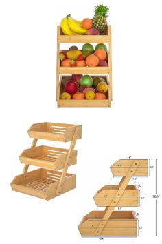 three wooden crates with different types of fruit in them and measurements for each one to see