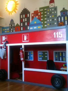 a child's bedroom with a fire truck bunk bed