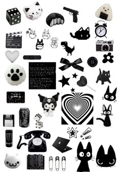 an assortment of black and white objects are arranged in the shape of a heart, cat, dog, bird