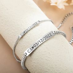 ♥ Add a personal touch to your relationship with these beautiful, personalized couple bracelets. The two minimalist bar matching silver bracelets can be engraved with heart felt words to make them truly unique and special, carefully crafted to create a precious set reflecting the special connection between you and your love one. ♥ Perfect Matching relationship bracelets - perfect gifts for anniversaries, birthdays, or Valentine's Day. Give your loved one something special that they'll treasure f Minimalist Stainless Steel Bracelet For Valentine's Day, Minimalist Stainless Steel Bracelets With Custom Name, Minimalist Stainless Steel Bracelet With Custom Name, Minimalist Stainless Steel Custom Name Bracelet, Silver Minimalist Promise Name Bracelet, Minimalist Silver Promise Bracelet, Silver Minimalist Promise Bracelet, Minimalist Custom Name Bracelet, Valentine Boyfriend