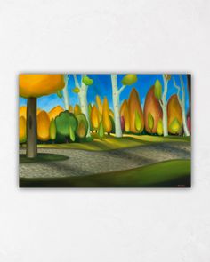 an abstract painting of trees and grass with blue sky in the background