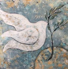 a painting of a white bird resting on a rock next to a small tree branch