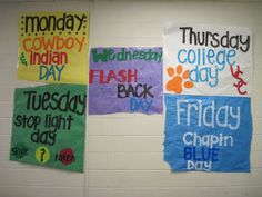 three bulletin boards with words on them in different colors and font styles hanging from the wall