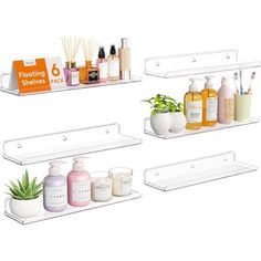 three shelves with different types of beauty products on them, one is white and the other has