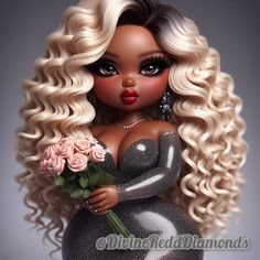 a barbie doll with blonde hair holding a bouquet of roses and wearing a silver dress