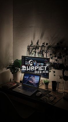 a laptop computer sitting on top of a wooden desk next to a potted plant