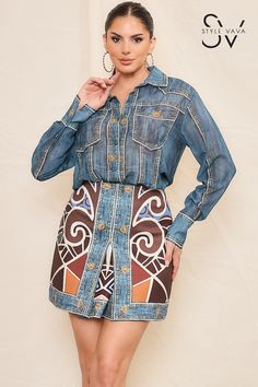 <Description>
- Button-down chiffon blouse
- Comes with skirt
- Denim effect print
- Oversize shirt style
- Skirt has stretch

<Detail>
- TOP - 100% POLYESTER 
- SKIRT- 95% POLYESTER / 5% SPANDEX
- IMPORTED 

<Size & Fit>
Model is 5'7" and wearing size Small