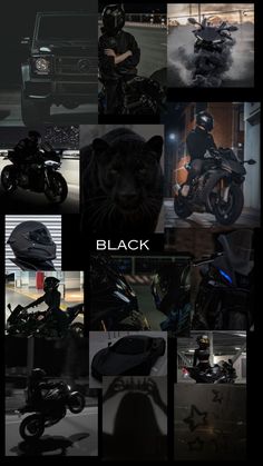 a collage of black images with the words black on them and pictures of motorcyclists