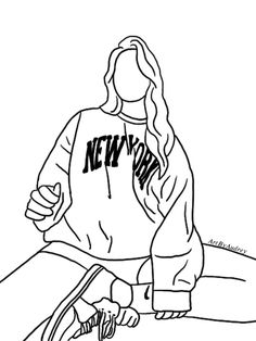 a black and white drawing of a woman sitting on the ground wearing a new york sweatshirt