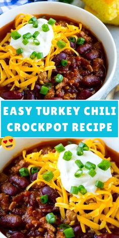 easy turkey chili crockpot recipe in a bowl with sour cream and green onions