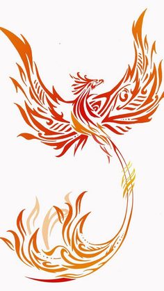 an orange and red bird with flames on it's back legs, flying through the air