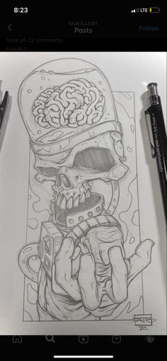 a drawing of a skull wearing a helmet