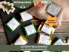 Are you looking for an Advent calendar that will help you practice mindfulness during Advent and at the same time enjoy delicious chocolate with a cup of tea and a good book? Or would you like to make a calendar for your loved one who should use the Christmas season for self-care after a stressful year? Then this download with 24 Christmas-themed wrappers, each with a mindfulness exercise, is just right for you. The bands fit Ritter Sport Mini and Hanuta Mini bars, so every day is a new surprise Make A Calendar, Ritter Sport, Mini Bars, Mindfulness Exercises, Delicious Chocolate, Christmas Season, Print Templates, Do It Yourself, Christmas Seasons