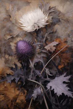 a painting of flowers and leaves on a brown background