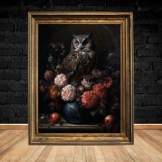 an owl sitting on top of a vase filled with flowers in front of a brick wall