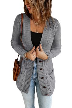 Women Dark Gray Front Pocket and Buttons Closure Cardigan Specifications Material 100%Acrylic Neckline v-neck Sleeve Length full sleeve Size Type regular Decoration button, pockets Pattern solid Style cute Occasion winter .Warm and soft, this cardigan is perfect for cuddling •Open front with button closure and side pockets •The knit pattern is unique to make it different •Cardigans for women great for all kinds of occasions •Hot selling popularly among female of ages in the world Note:1.There maybe 1-2 cm deviation in different sizes, locations and stretch of fabrics. Size chart is for reference only, there may be a little difference with what you get.2.There are 3 kinds of elasticity: High Elasticity (two-sided stretched), Medium Elasticity (one-sided stretched) and Nonelastic (can not st Functional Wardrobe, Lisa Fischer, Cable Knit Sweater Womens, Fall Cardigan, Drop Shoulder Sweaters, Cable Knit Cardigan, Cardigan Sweaters For Women, Knit Pattern, Wide Leg Denim