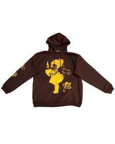 Brown recycled cotton-blend hoodie with yellow graphic print. Features pockets, drawstring at hood and ribbed hem and cuffs. Brown Hoodie, Yellow Hoodie, Recycled Cotton, Graphic Prints, Cotton Blend, Yellow, Gold, Quick Saves