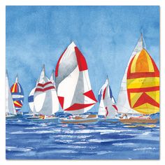 watercolor painting of sailboats in the ocean on a sunny day with blue sky