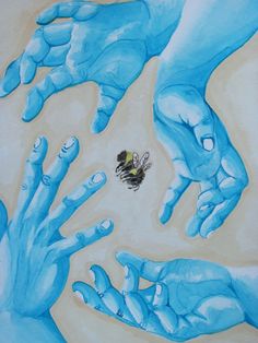 a painting of blue hands and a bee