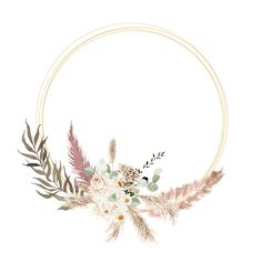 a circular frame with flowers and feathers