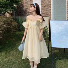 Sweet Sleeveless Dress Rash Guard Swimwear, Neck Bow, Princess Style, Pastel Yellow, Bow Design, Gothic Outfits, Harajuku Fashion, Evening Attire, Glamorous Evening Gowns