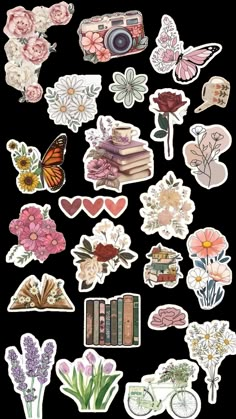 an assortment of stickers with flowers, books and butterflies on them in different colors