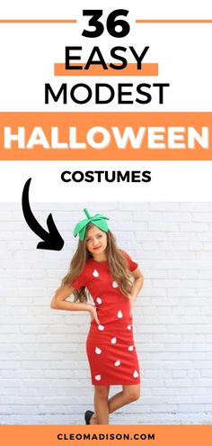 a girl wearing a red dress with white hearts on it and the words 35 easy modest halloween costumes