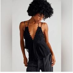 Never Worn Free People Tank Top, Boho Tank Top, Long Tank Tops, Lace Trim Cami, Long Tank, High Neck Tank, Free People Black, Cami Tanks, Sleeveless Tank Top