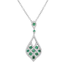 "Designed with lab-created green spinels accented with scintillating cubic zirconia stones, this teardrop necklace is simply beautiful.PENDANT DETAILS Pendant dimensions: 1.38 in. x 0.5 in. Chain length: 18 in. Chain type: cable Clasp: lobster-claw Metal: sterling silver Plating: rhodium Packaging: boxed STONE DETAILS Stone type: lab-created green spinel Total weight: 1/5 ct. Shape: round Setting: prong CUBIC ZIRCONIA DETAILS Total weight: 1/5 ct. Shape: round Setting: prong Size: 18"". Gender: Elegant Green Pear-shaped Diamond Necklace, Green Diamond Drop Necklaces, Fine Jewelry Green Pear-shaped Necklaces, Fine Jewelry Green Pear-shaped Necklace, Green Pendant Necklace With Diamond Accents, Green Pear-shaped Fine Jewelry Necklaces, Green Drop Necklaces In Fine Jewelry Style, Green Pear-shaped Fine Jewelry Necklace, Green Pear-shaped May Birthstone Necklaces