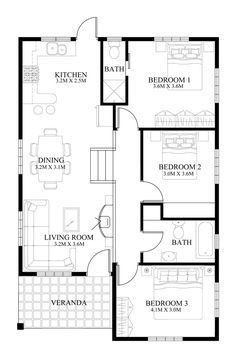 the floor plan for a small house with three bedroom and two bathrooms, which are located in