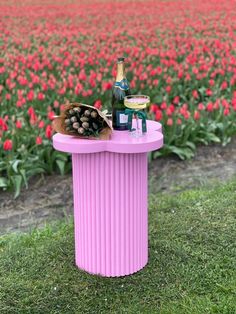 a pink trash can sitting on top of a lush green field