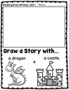 a dragon and castle story book for children to write their own name, draw a story with