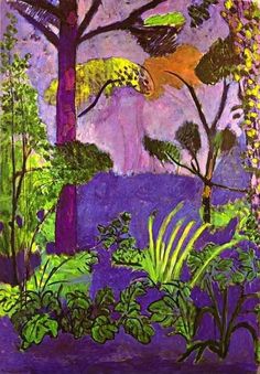 an abstract painting with trees and plants in the foreground, against a purple background