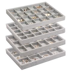 PRICES MAY VARY. SET OF 4: Color: Grey. The set includes 30 Compartment Tray(1 Pack), 24 Compartment Tray(1 Pack), 18 Compartment Tray(1 Pack),12 Compartment Tray(1 Pack), Perfect for earrings, rings, bracelets, necklaces. HIGH QUALITY MATERIAL: Made of high-quality velvet and composite boards, the organizer trays are soft to the touch and elegant in appearance, protecting your jewelry from any kind of damage. MULTI-SECTIONAL: Each tray measures 13.8" x 9.5" x 1.2" inch (LxWxH) and is ideal for Dresser Drawer Organizer, Modern Jewelry Box, Dresser Drawer Organization, Jewelry Organizer Drawer, Jewelry Trays, Jewelry Tray Organizer, Jewelry Drawer, Stackable Jewelry, Organizer Jewelry