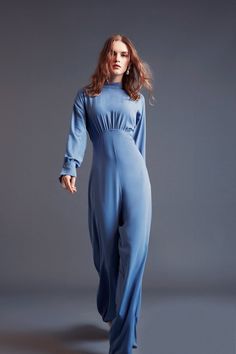 Draped Lisa Gathered High Waist Jumpsuit Blue Water Inspired Outfits, Blue Jumpsuits Outfit, Light Blue Jumpsuit, Dance Jumpsuit, High Waist Jumpsuit, Romper Long Sleeve, Bat Sleeves, Creative Photoshoot, Gold Cocktail Dress