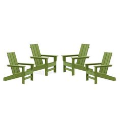 four green adiron chairs sitting next to each other on top of a white background