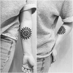 two tattoos on the arms of people, one with a sunflower and another with a spiral