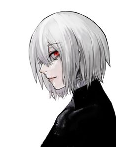 an anime character with white hair and red eyes looking at the camera while wearing a black outfit