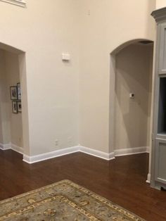 an empty living room with hardwood floors and white walls, including a large rug on the floor