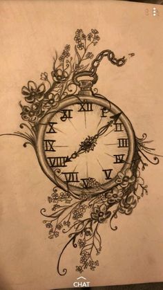 a drawing of a clock with flowers and vines