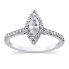 Tell her you love her with this radiant diamond engagement ring. Fashioned in cool 10K white gold, this timeless design showcases a 1/3 ct. marquise-cut diamond at the center. Round diamonds line the frame and shank for a thoroughly sparkling style. Captivating with 5/8 ct. t.w. of diamonds and a bright polished shine, this engagement ring makes the moment memorable. Timeless Marquise White Diamond Ring, Marquise Cut Halo Diamond Ring In Diamond White, Timeless White Marquise Diamond Ring, Classic White Marquise Diamond Ring, White Marquise Cut Diamond Ring With Accents, Marquise Diamond White Diamond Ring With Halo Setting, Marquise Diamond White Ring With Halo Setting, Marquise Halo Diamond Ring In White Gold, Marquise White Gold Diamond Ring With Halo