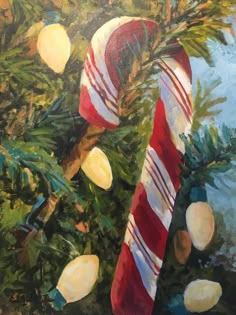 a painting of candy canes hanging from a christmas tree