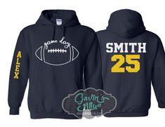 Glitter Football Hoodie | Football Hoodies | Football Shirts | Hoodie Sweatshirt | Football Spirit Wear PLEASE READ BEFORE ORDERING WE CANNOT RUSH ORDERS OR CREATE NEW DESIGNS DURING PEAK SEASON AUG - MAY. IF YOU NEED TO CANCEL PLEASE DO SO WITHIN 24HRS Please read full description before ordering we cannot be responsible for mistakes made by not reading the full description. ORDERING INSTRUCTIONS: 1. Select your Garment Size/Color Each size must be selected separately. Please do NOT leave a lis Glitter Football Shirts, Football Hoodies, Cheerleading Shirts, Football Spirit, Cheer Tshirts, Hoodie Customize, Baseball Tee Shirts, Cheer Mom, Spirit Wear