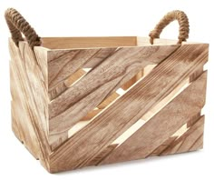 a wooden basket with rope handles on a white background