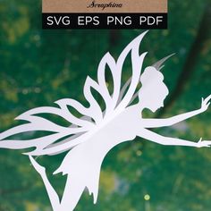 a white paper cutout of a fairy on a tree branch with the words svg eps png df