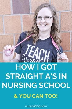 a woman holding two pink toothbrushes in front of her face with the words teach how i got straight as in nursing school and you can too